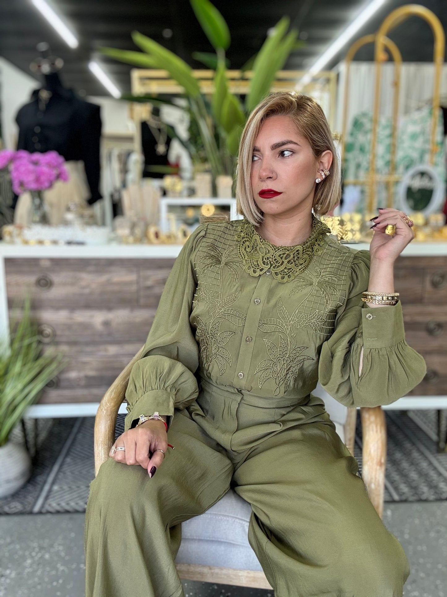 Olive lace-trim blouse with puff sleeves and matching wide-leg pants