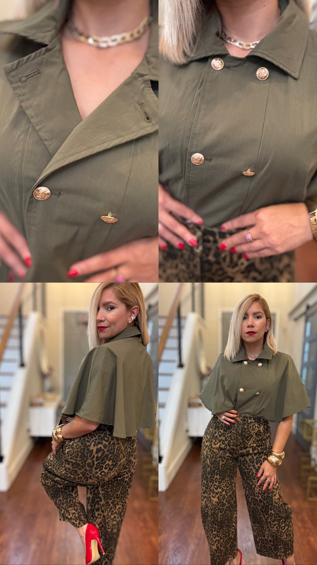 Olive green collared cape top with coin-style decorative buttons