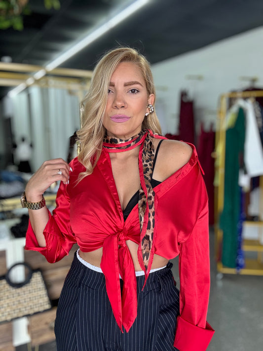 Lucia satin top in red satin, button-front with waist tie and open collar; long sleeves