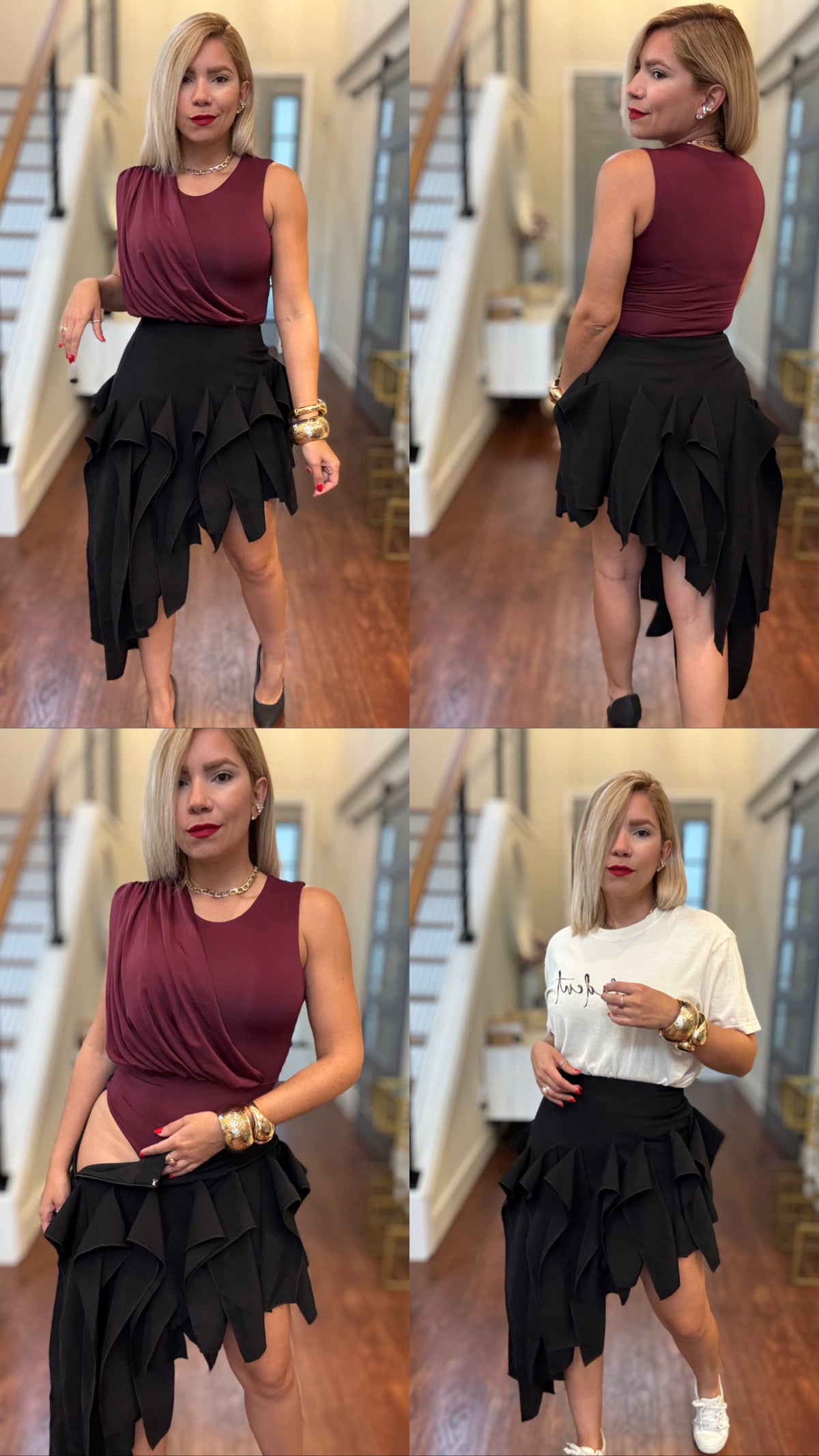 Burgundy sleeveless bodysuit with black ruffled layered skirt, multiple views