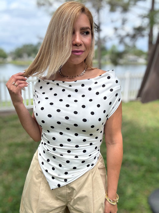 Off-shoulder polka-dot multiway top with ruched front and gathered sides