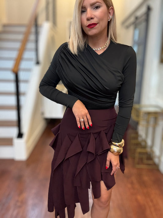 Wine layered ruffle mini skirt with draped tiered panels