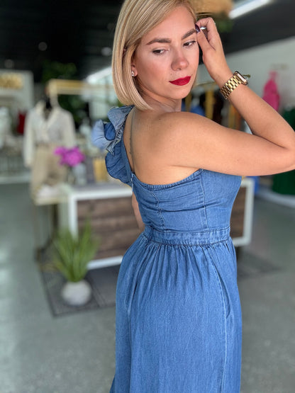Blue denim one-shoulder jumpsuit with open back and gathered waist, wide legs