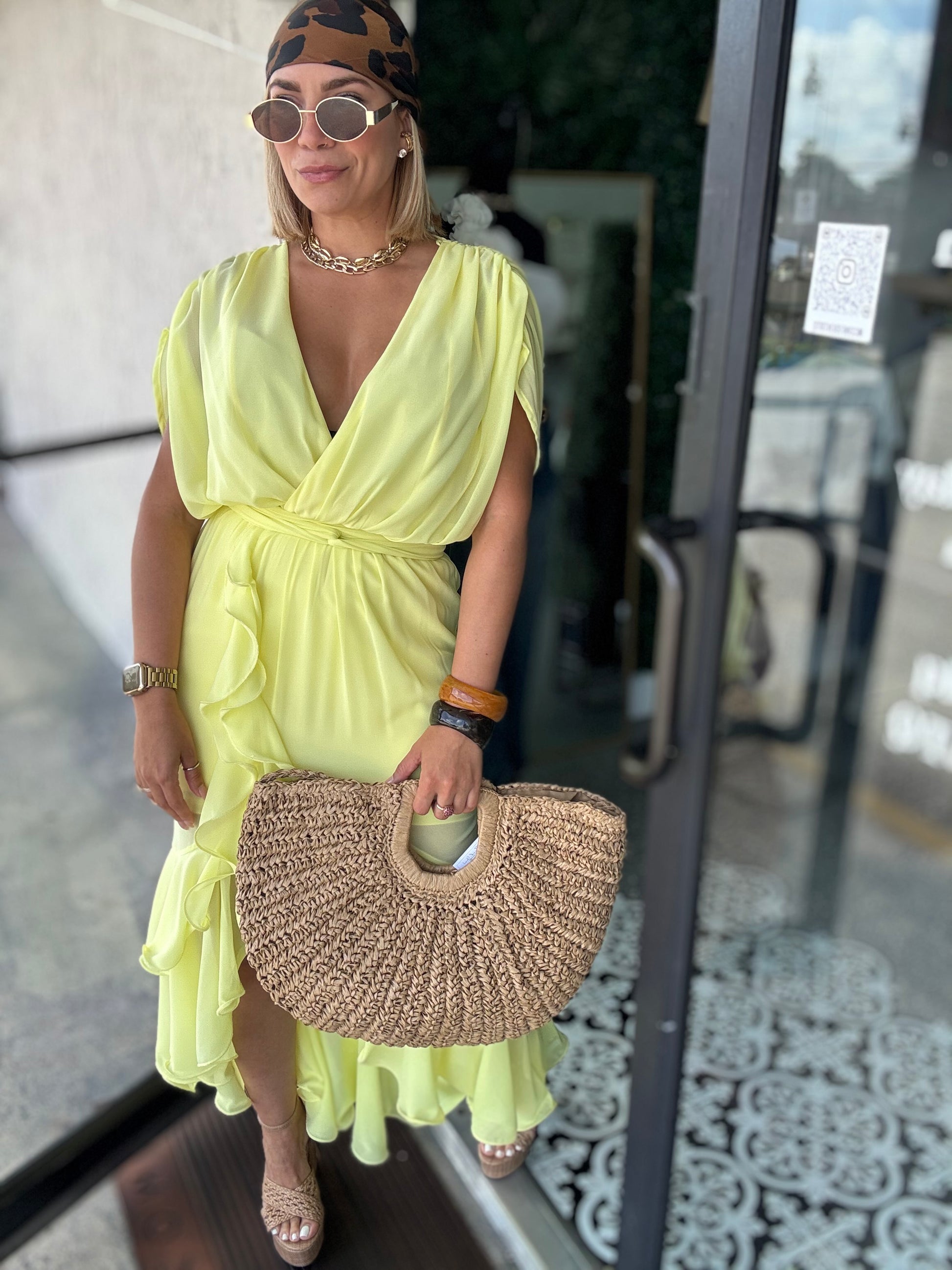 Yellow ruffled V-neck belted dress with tiered skirt and short sleeves