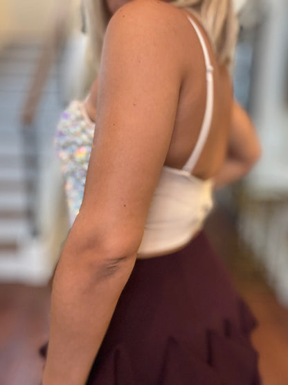Nude embellished bustier with thin straps and sparkling crystal and pearl trim