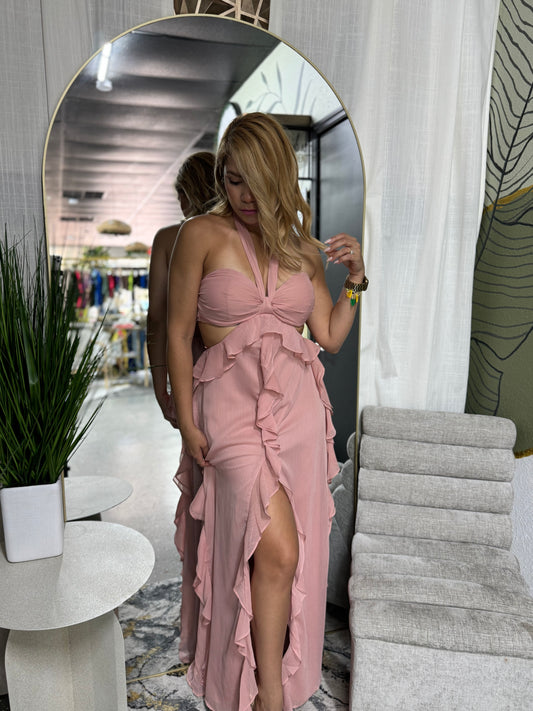 Pink halter maxi dress with draped ruffle detailing and side slit