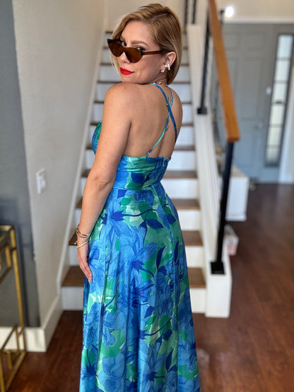 Santorini maxi dress, open back halter, blue-green floral print, sleeveless