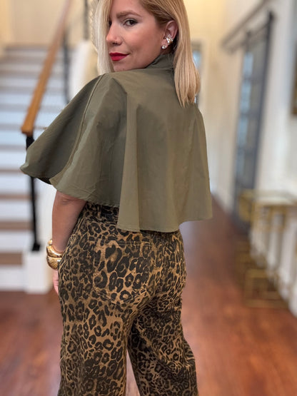 Olive green cape-style blouse with short batwing sleeves and pointed collar