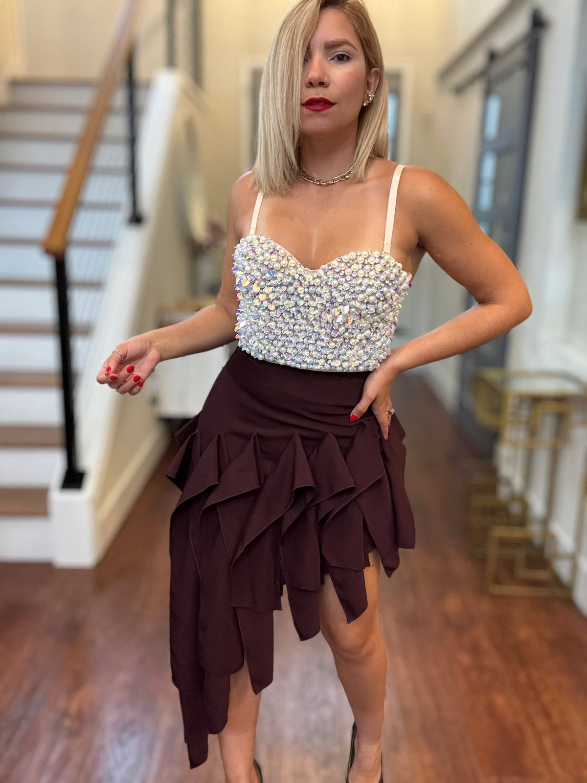 Wine ruffle mini skirt with layered tiered hem