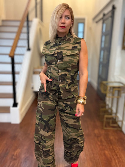 Camo vest and pants set, front view with flap pockets and button details