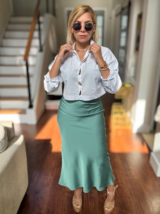 Teal mermaid-style midi skirt with flared hem