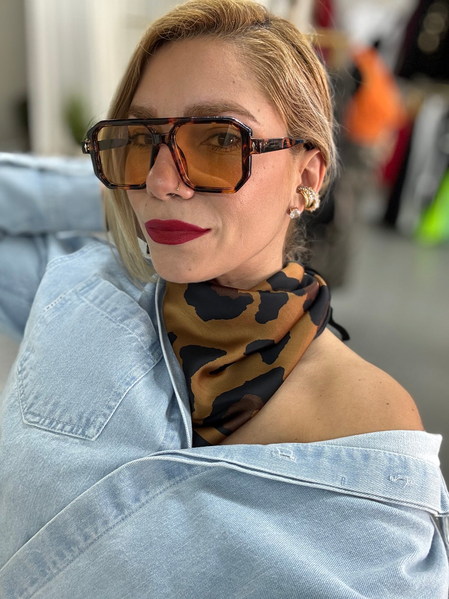 Tortoiseshell sunglasses with amber lenses and thick rectangular frames