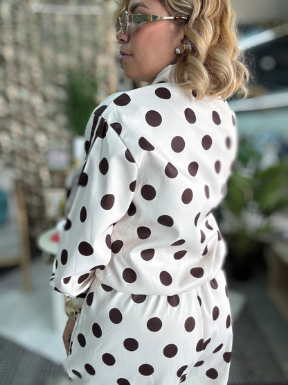 Women’s polka-dot travel set jacket with button front, white with dark dot print