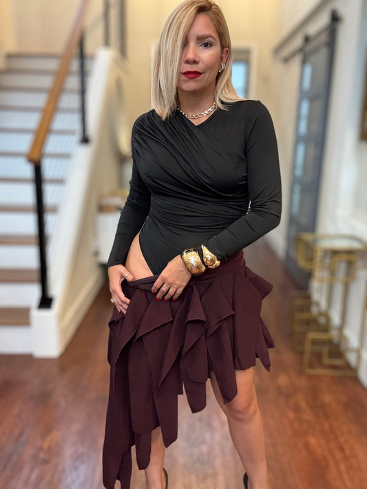 Black long-sleeve ruched bodysuit with V-neck crossover front