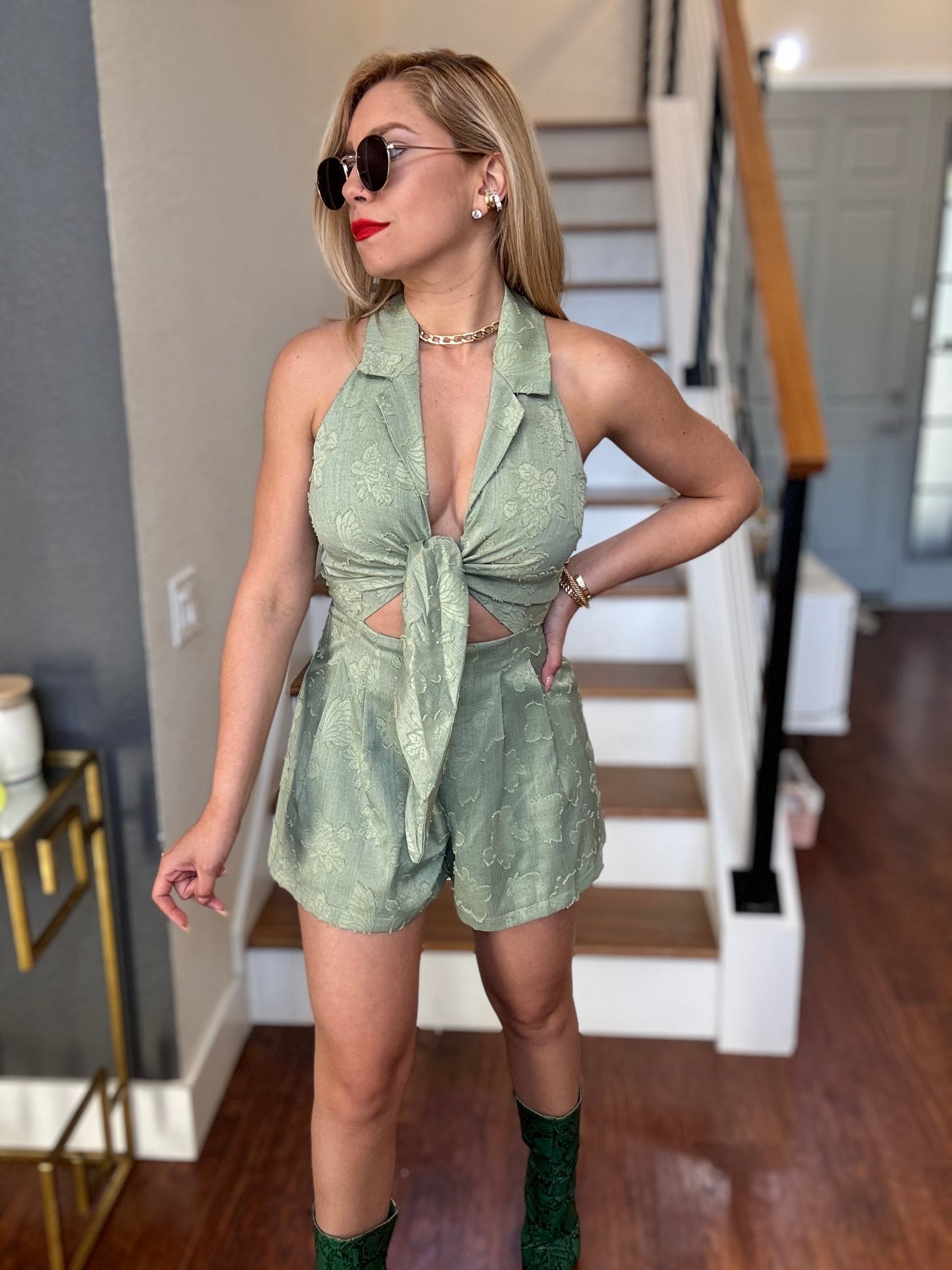 Light green halter romper with bow-tie front and textured overlay