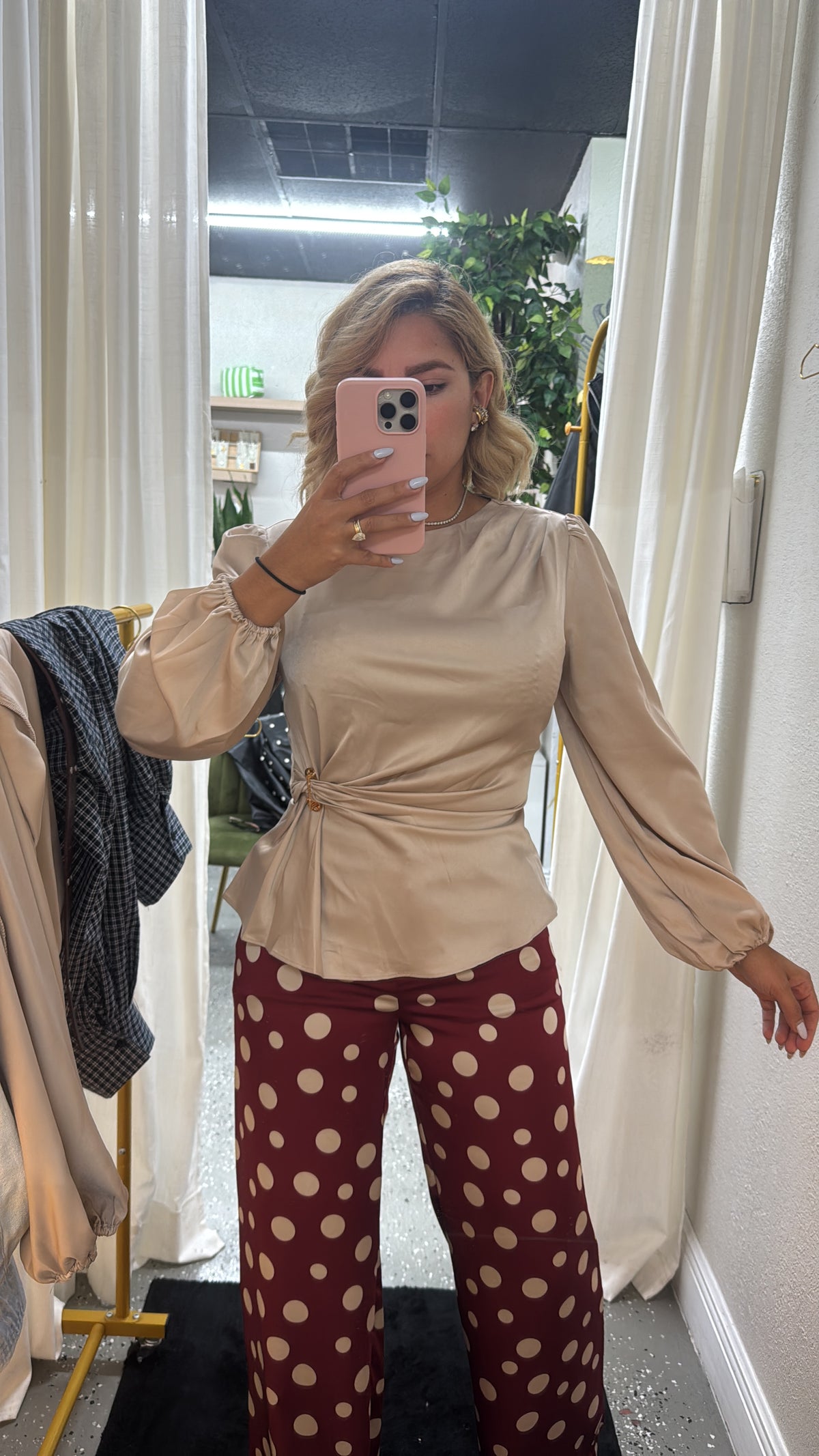 Beige satin top with puff sleeves and ruched waist knot, fitted cropped look