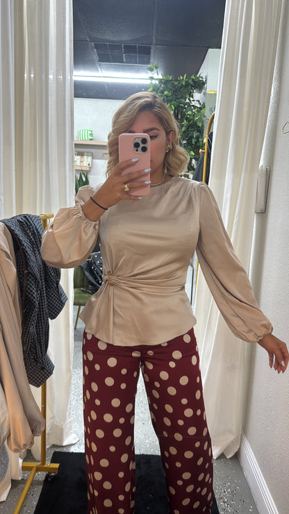 Beige satin top with puff sleeves and ruched waist knot, fitted cropped look