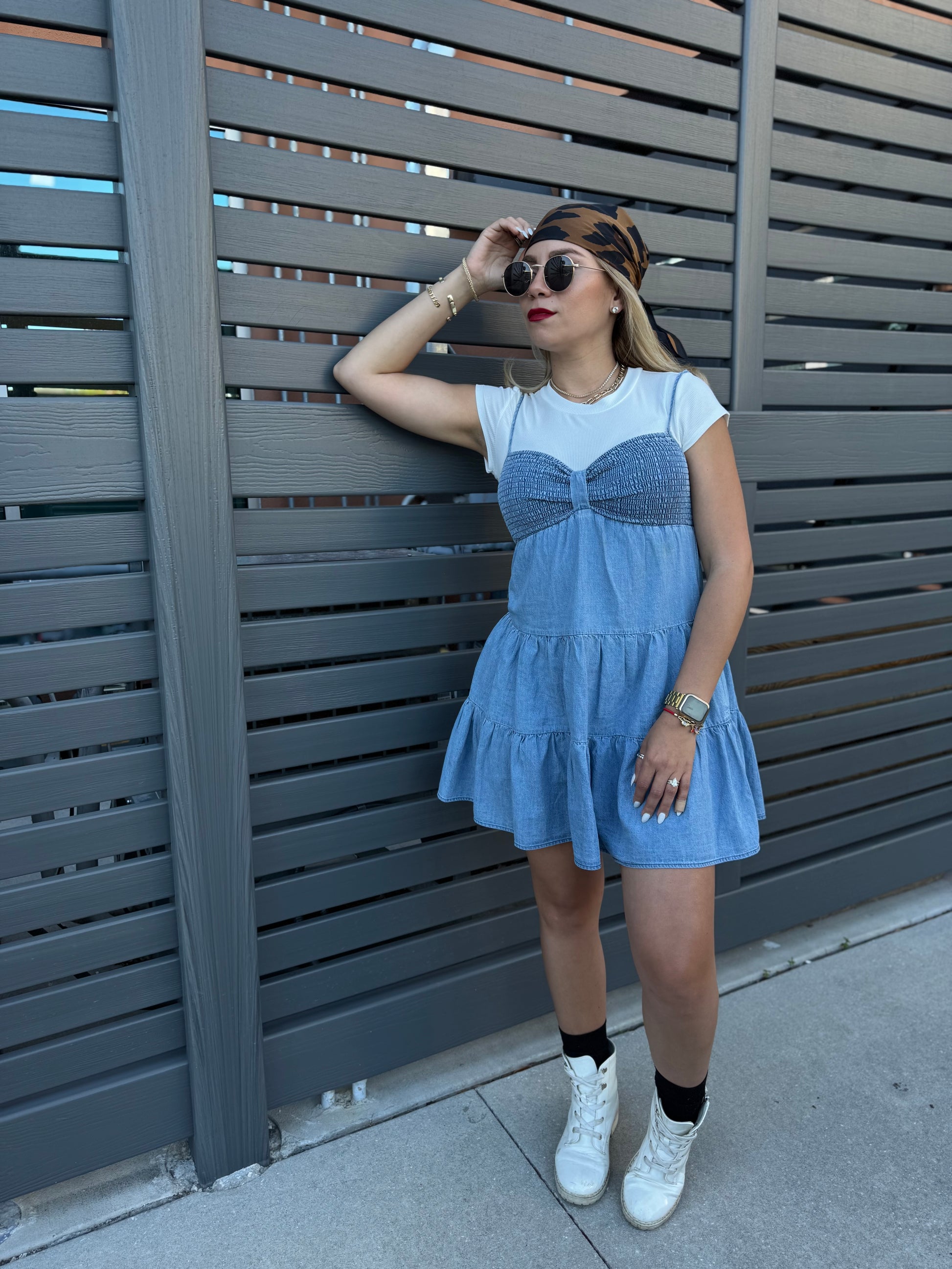 Light blue tiered mini dress with fitted bodice and cap sleeves