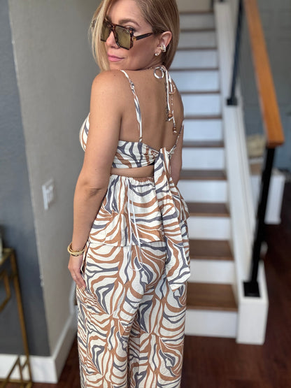 Alicia set sleeveless animal-print jumpsuit with open back and draped waist ties