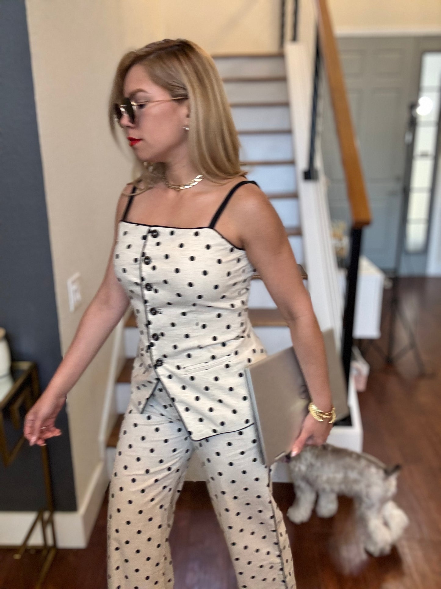 Polka dot camisole and pants set with button-front corset-style bodice and peplum hem