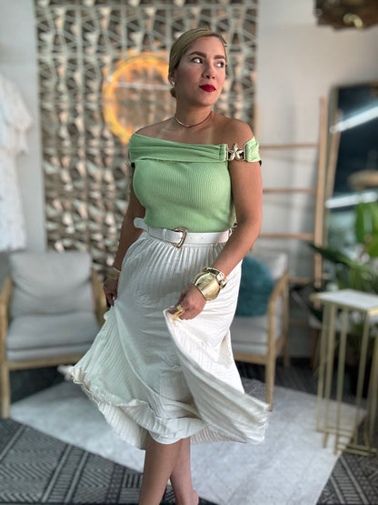 Ivory pleated midi skirt with elastic waistband and wide belt detail