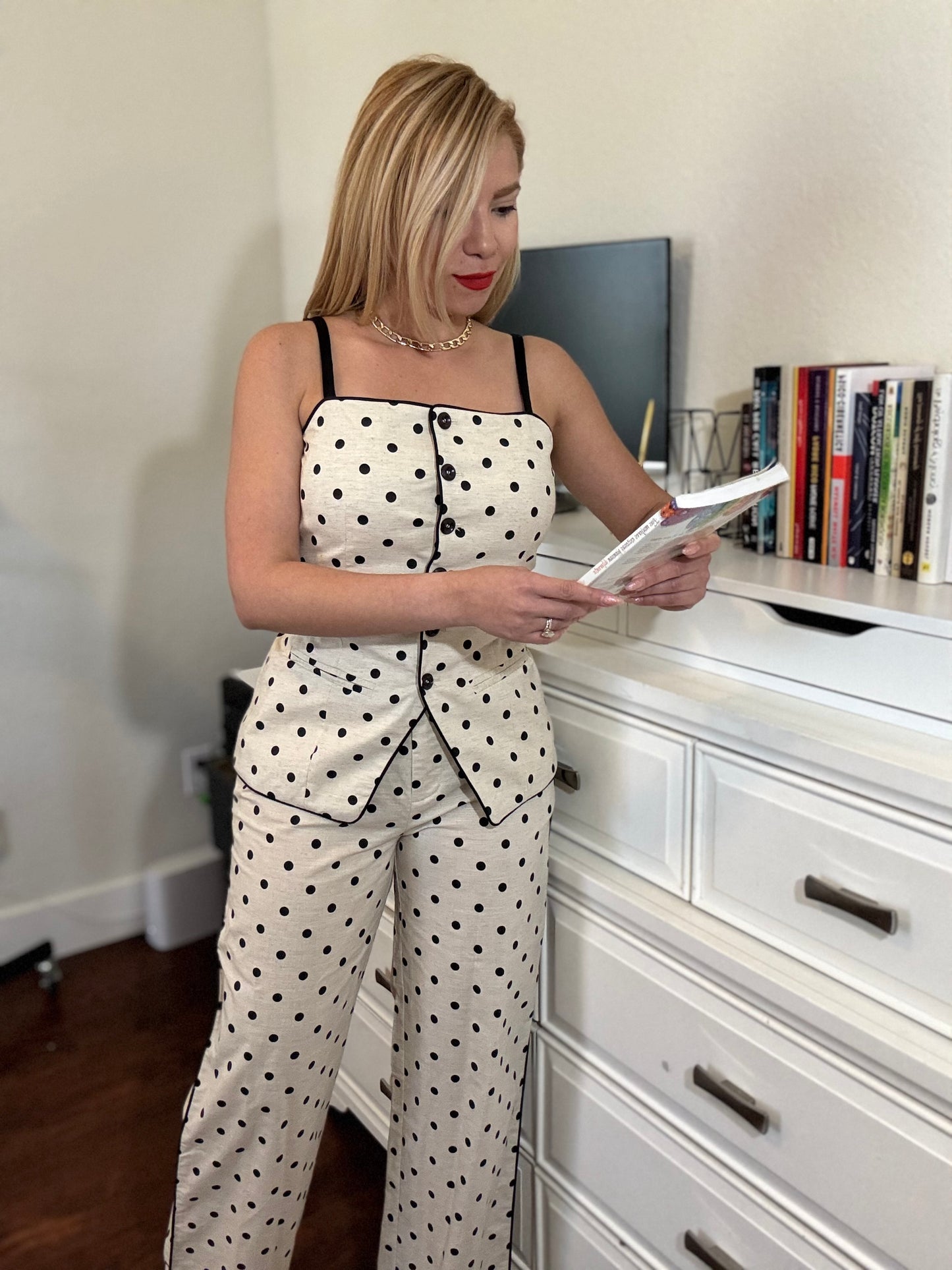 Polka dot camisole and pants set with square-neck top and layered peplum detail at waist