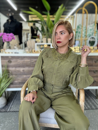 Olive lace-trim blouse with puff sleeves and matching wide-leg pants