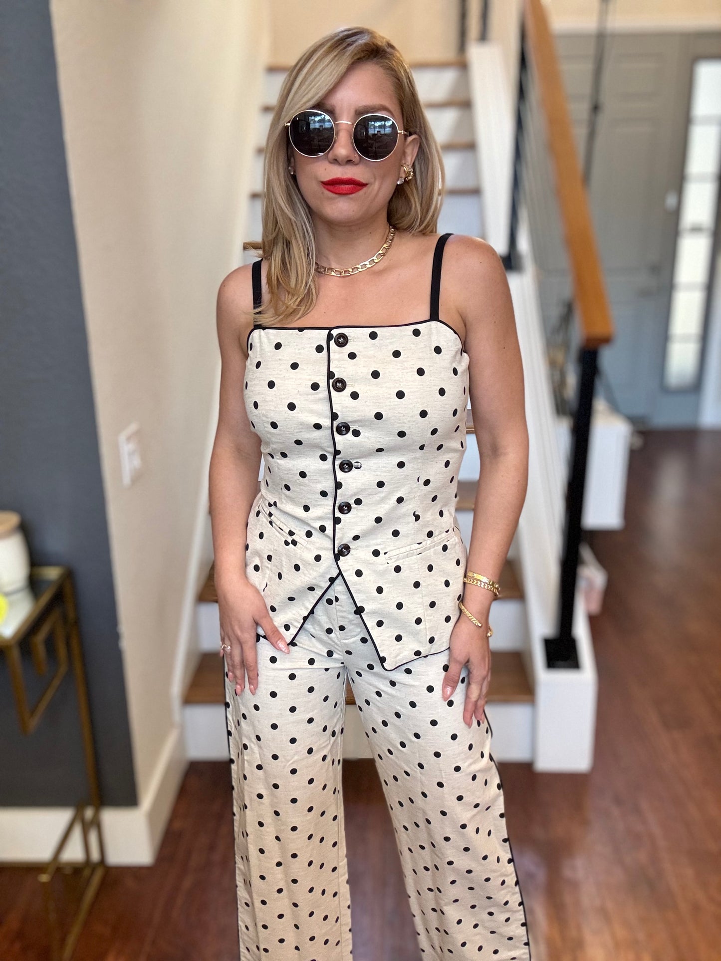 Polka dot camisole and pants set with square neckline, vertical button placket, fitted waist