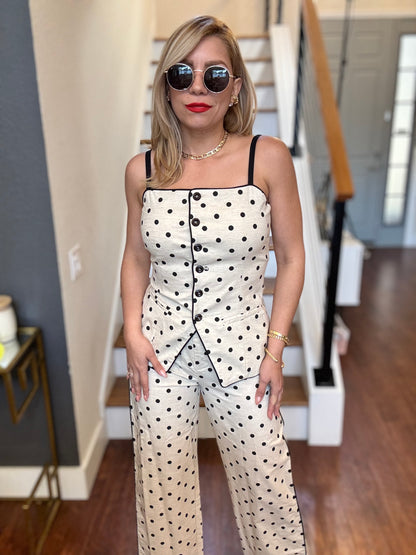 Polka dot camisole and pants set with square neckline, vertical button placket, fitted waist