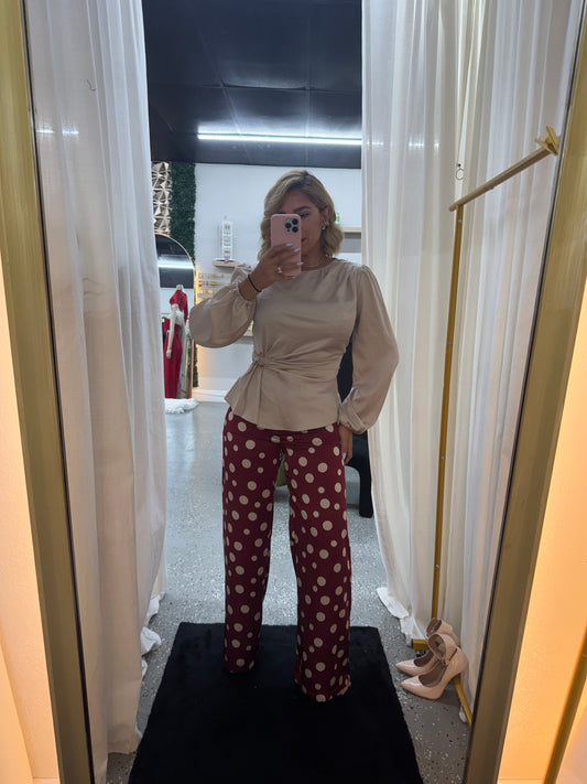 Beige satin top with puff sleeves and gathered waist knot, long-sleeve fit