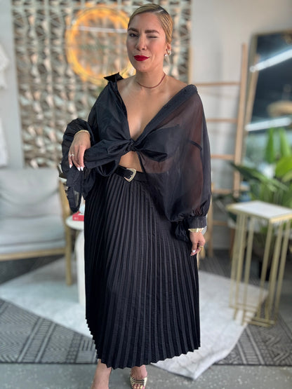 Black sheer wrap-style blouse top with tie front and long sleeves