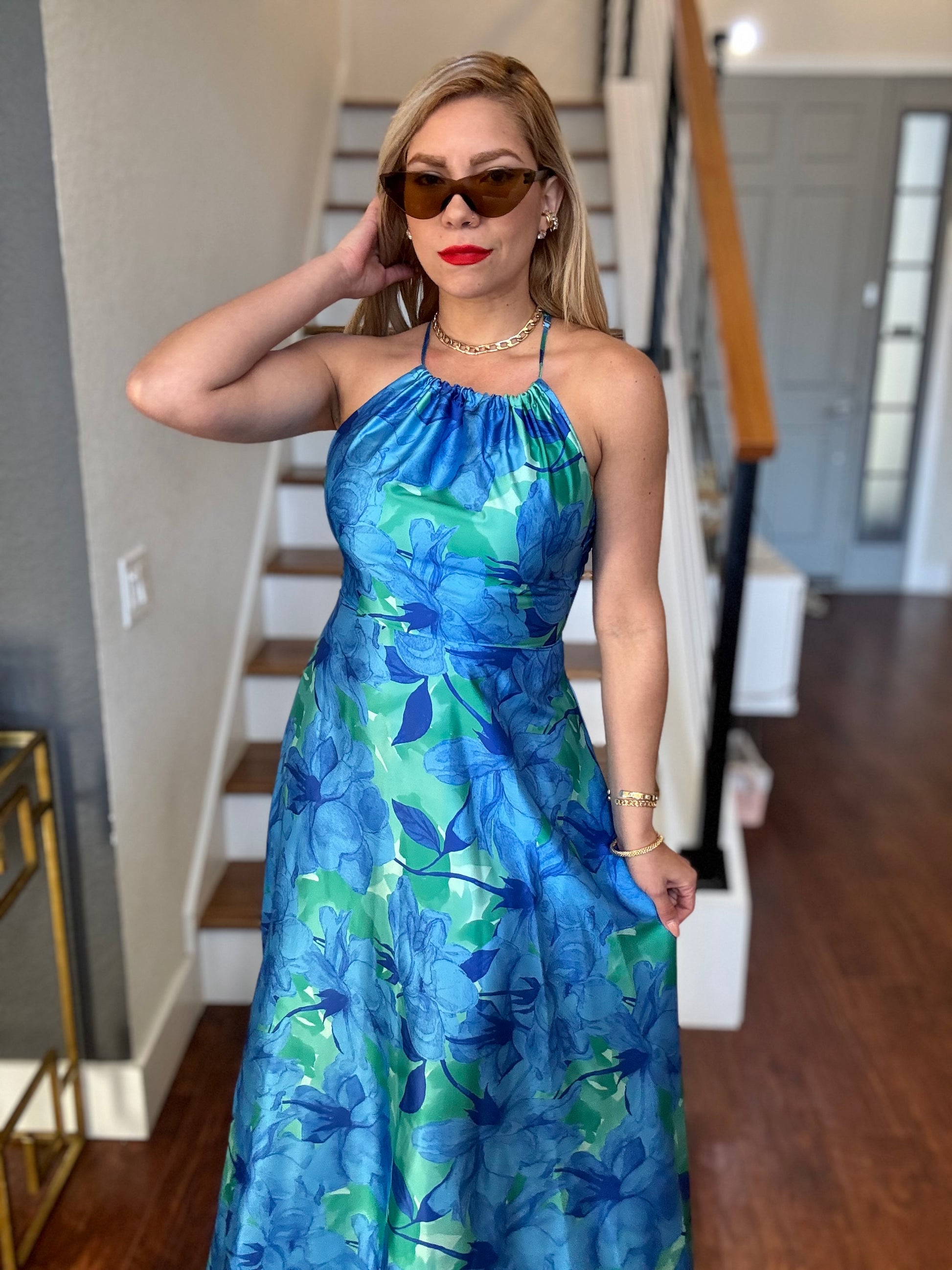 Santorini maxi dress, blue-green floral print, halter sleeveless maxi, ruched waist
