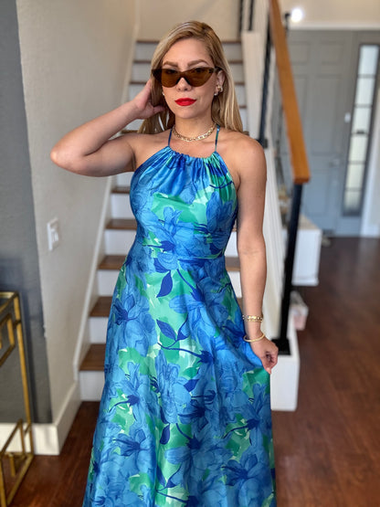 Santorini maxi dress, blue-green floral print, halter sleeveless maxi, ruched waist