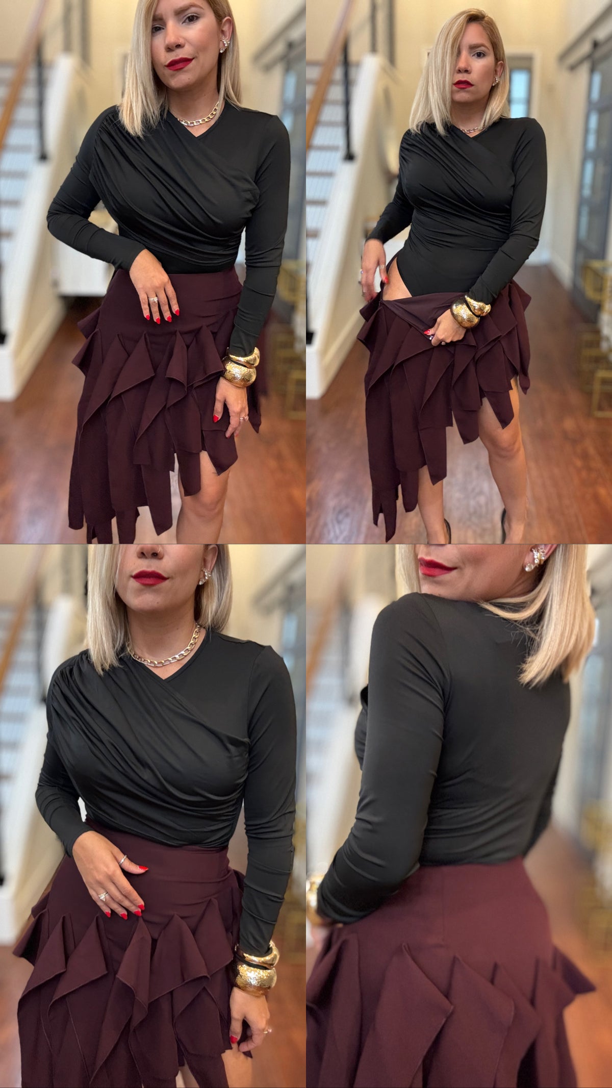 Wine ruffle mini skirt, side view with layered asymmetrical tiers