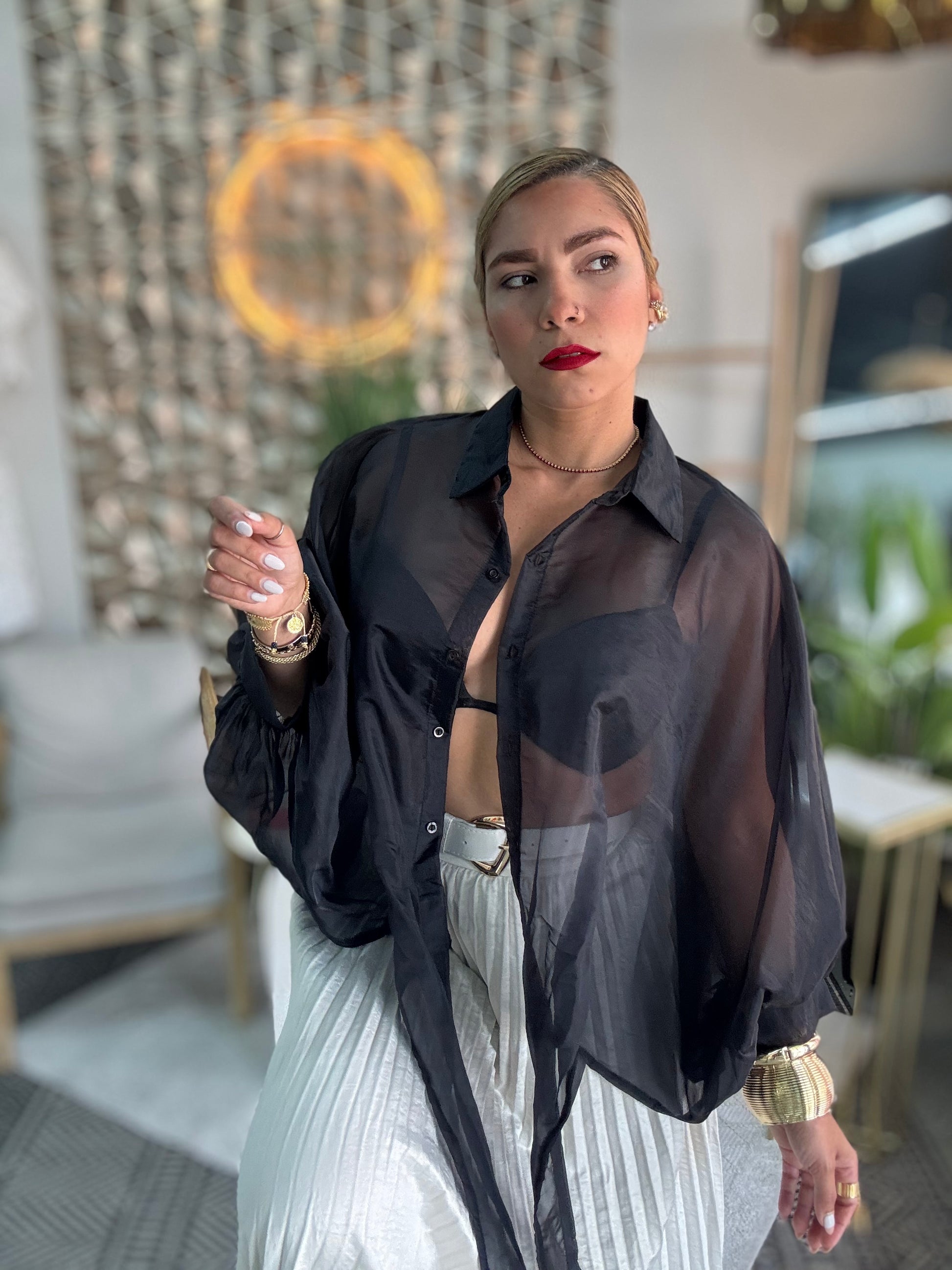 Black sheer blouse top with button placket and long sleeves
