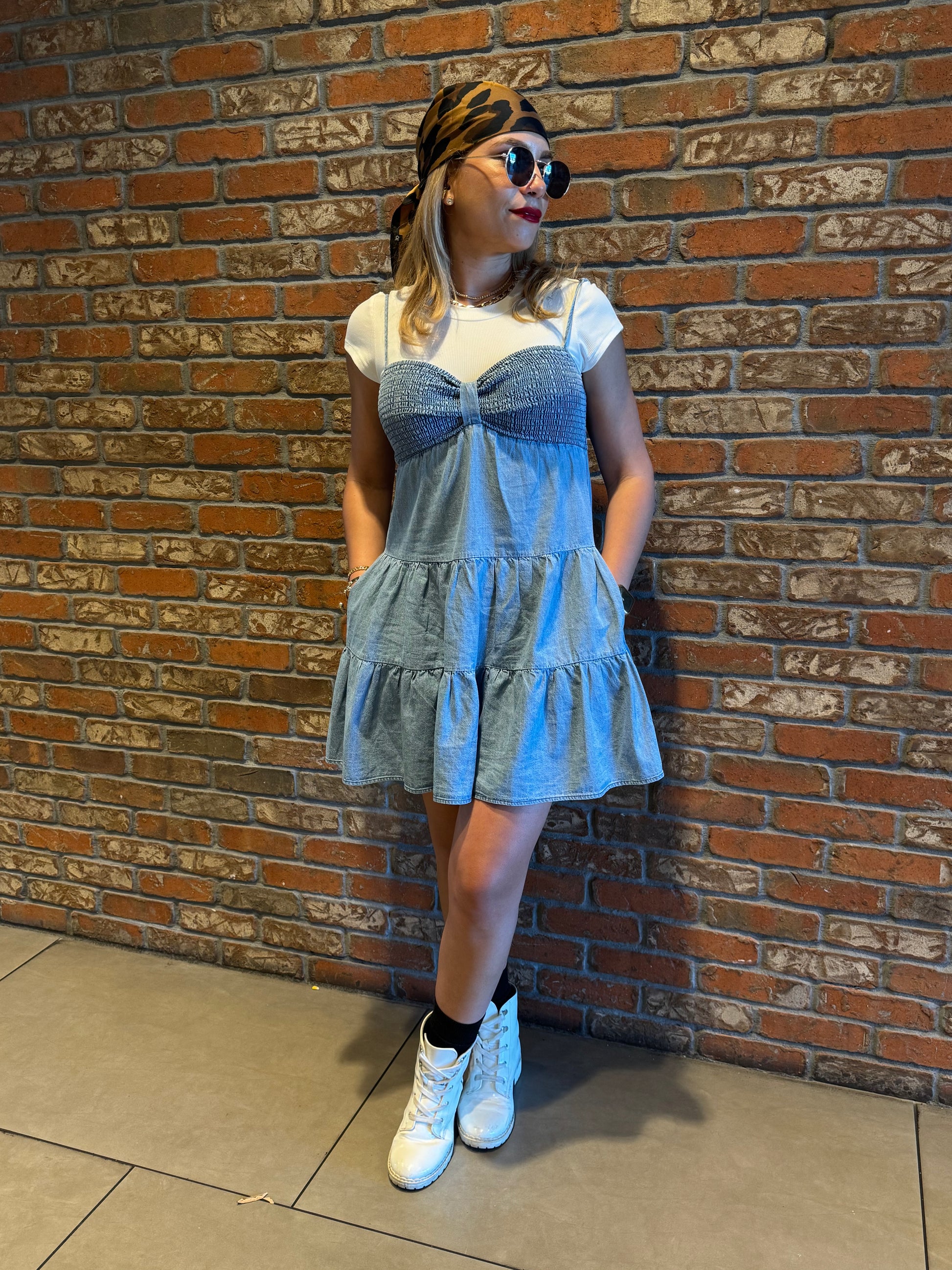 Two-tone light blue mini dress with white cap sleeves and gathered waist tiered skirt