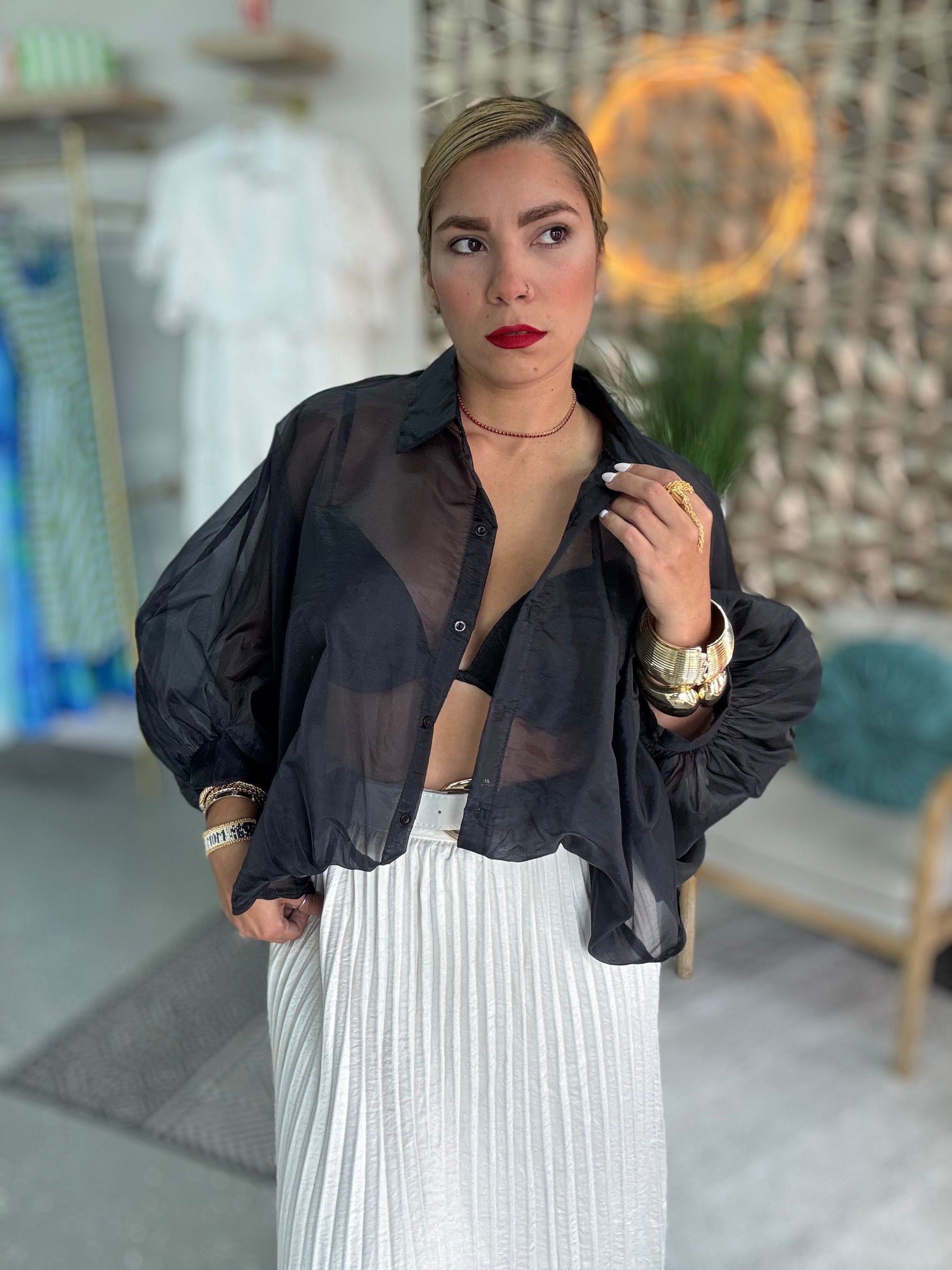 Black sheer blouse top with V-neck, pointed collar, and long sleeves