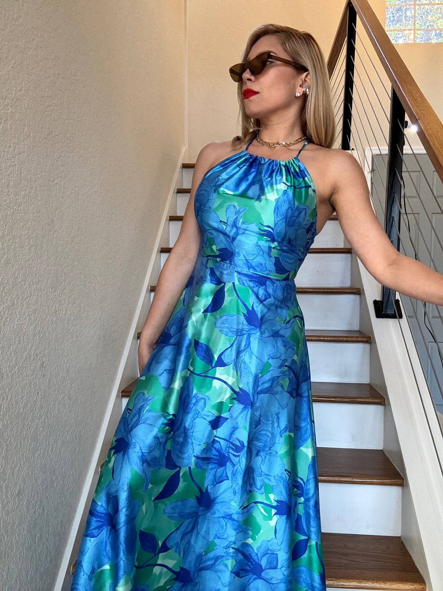 Santorini maxi dress, halter sleeveless, blue-green floral print, full length