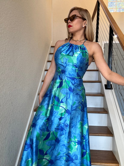 Santorini maxi dress, halter sleeveless, blue-green floral print, full length