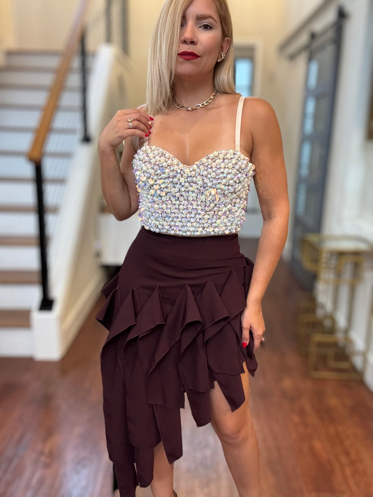Wine ruffle mini skirt with cascading tiered layers