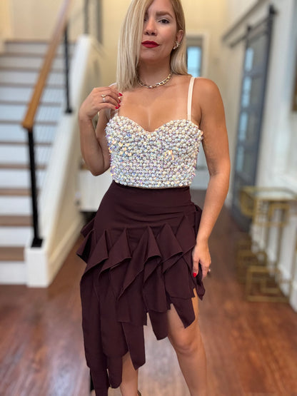 Wine ruffle mini skirt with cascading tiered layers