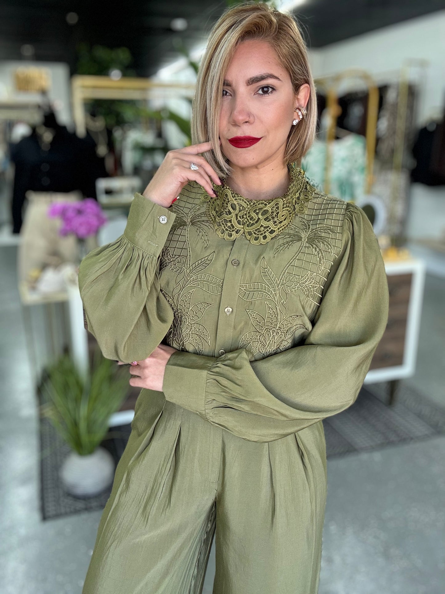 Olive green button-front blouse set with lace-trim yoke and wide-leg pants