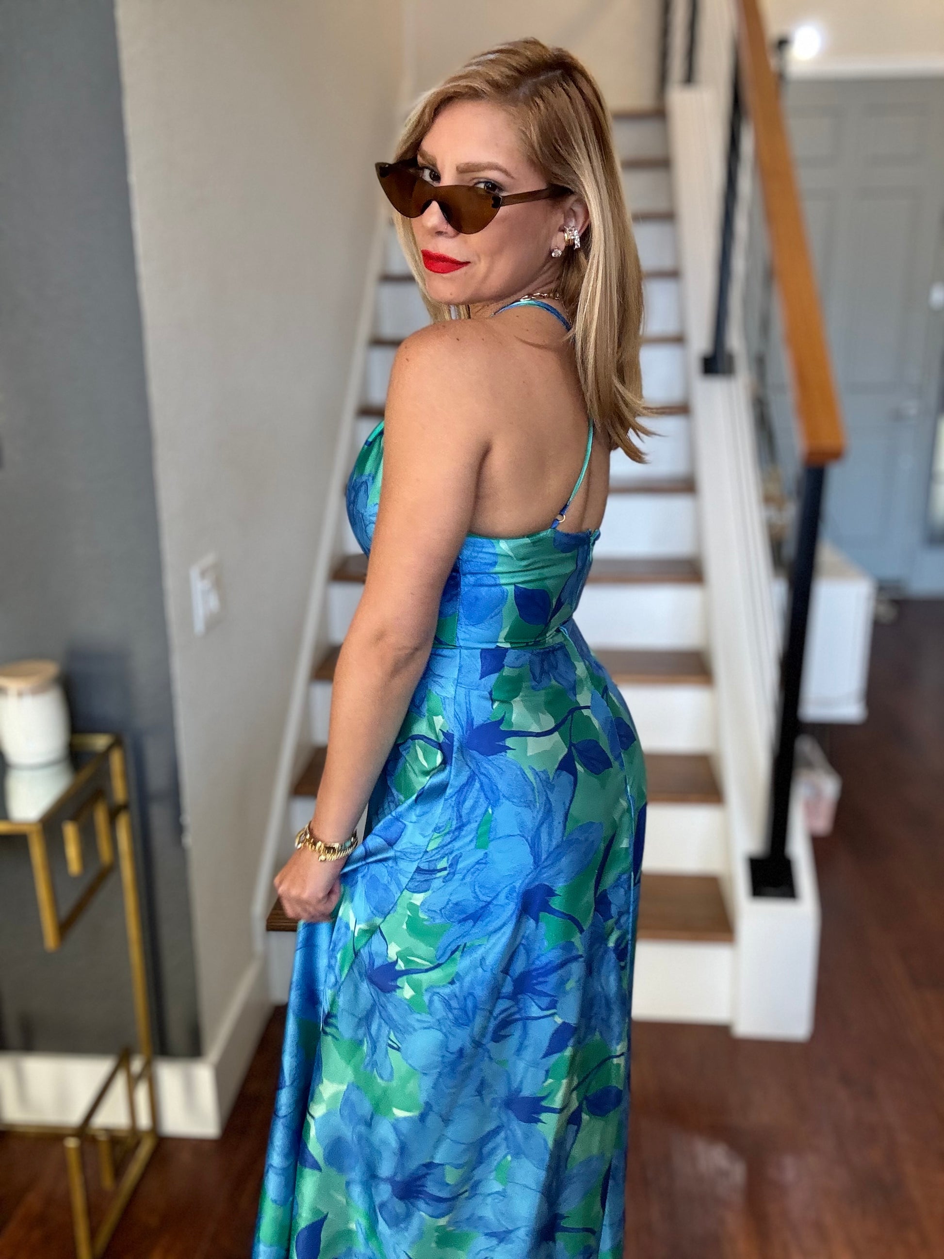 Santorini maxi dress, back view of halter sleeveless blue-green floral maxi