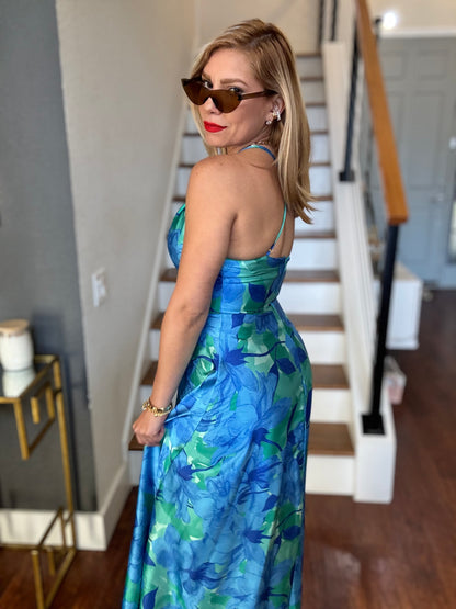 Santorini maxi dress, back view of halter sleeveless blue-green floral maxi
