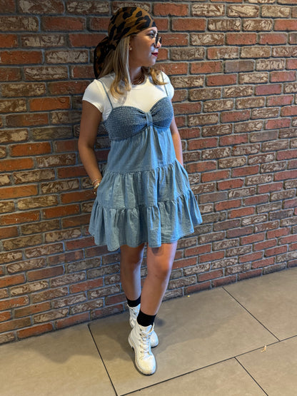 Two-tone light blue dress with white cap sleeves, fitted bust, and tiered skirt