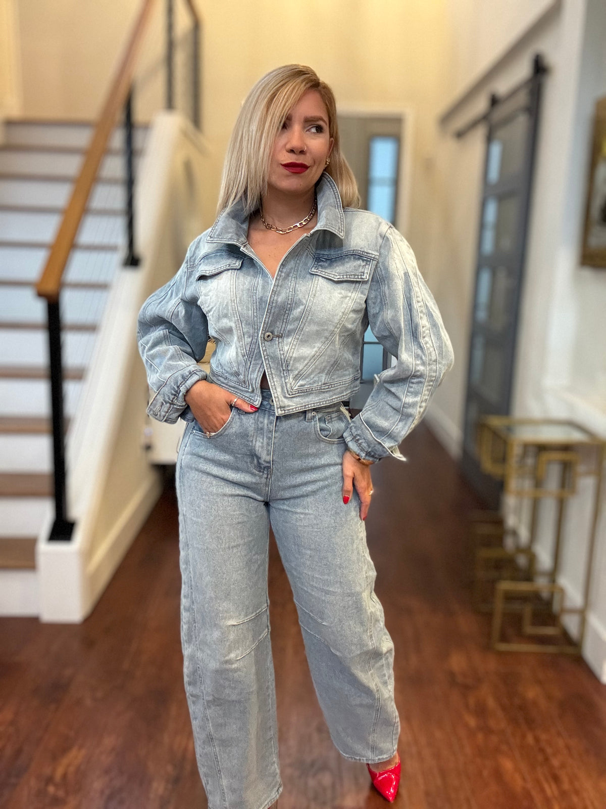 Light-wash denim two-piece set: button-front jacket with flap pockets and high-rise jeans