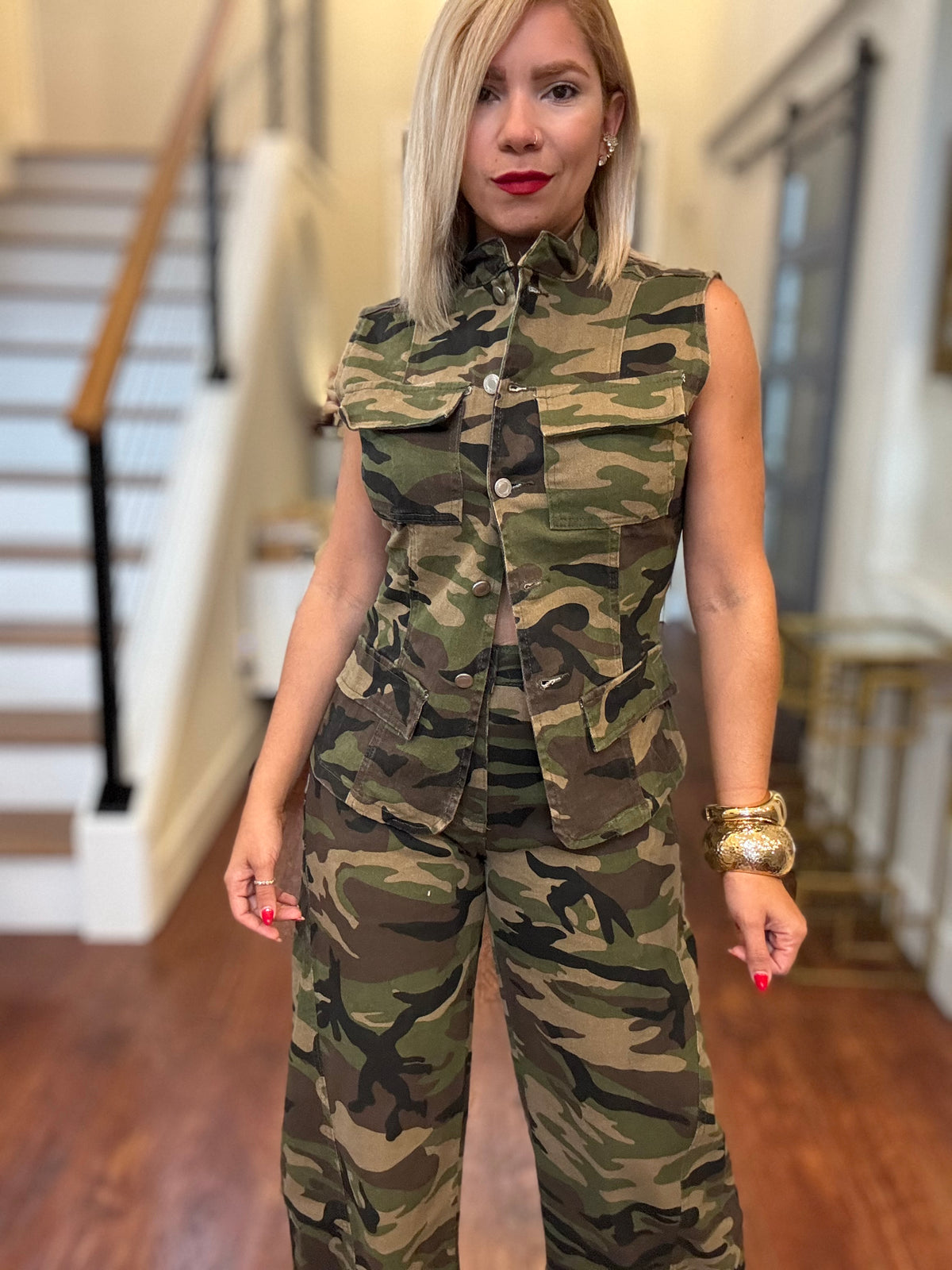 Camo vest and matching cargo pants set, full front view