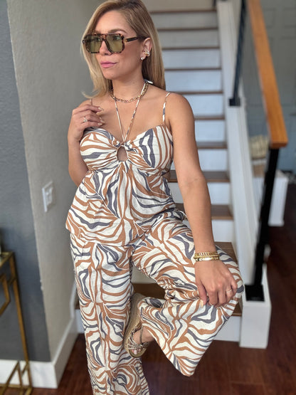 Alicia set sleeveless animal-print jumpsuit with ruched bow-front bodice and wide-leg pants