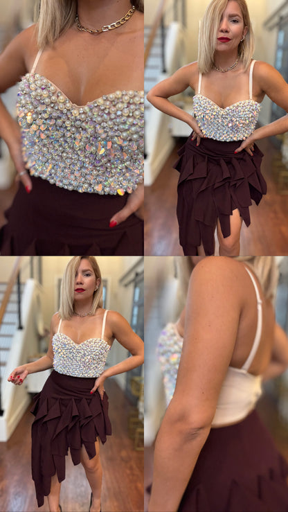 Embellished nude bustier front and back views with thin straps and sparkling bead trim