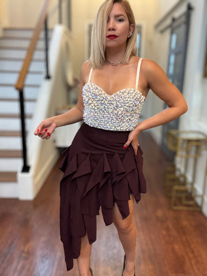 Nude crystal-embellished bustier with sweetheart neckline and spaghetti straps